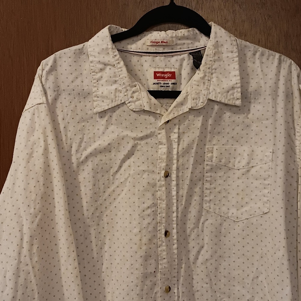 Wrangler Vintage Wash Shirt Men's 2XL White Button Down Long Sleeve Casual‎